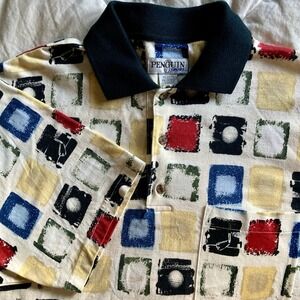 Vtg 90s Penguin Sport SS Polo Cotton Mens M Golf Square Geo Multi Abstract EUC